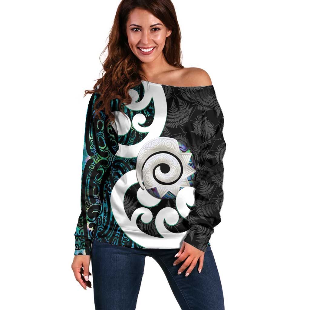 Aotearoa Koru Off Shoulder Sweater Cyan Maori Paua Shell Mix Silver Fern