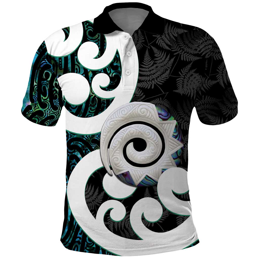 Aotearoa Koru Polo Shirt Cyan Maori Paua Shell Mix Silver Fern