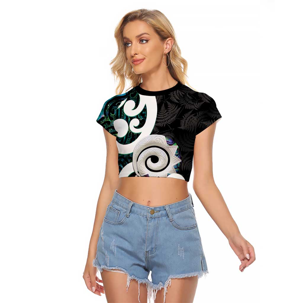 Aotearoa Koru Raglan Cropped T Shirt Cyan Maori Paua Shell Mix Silver Fern