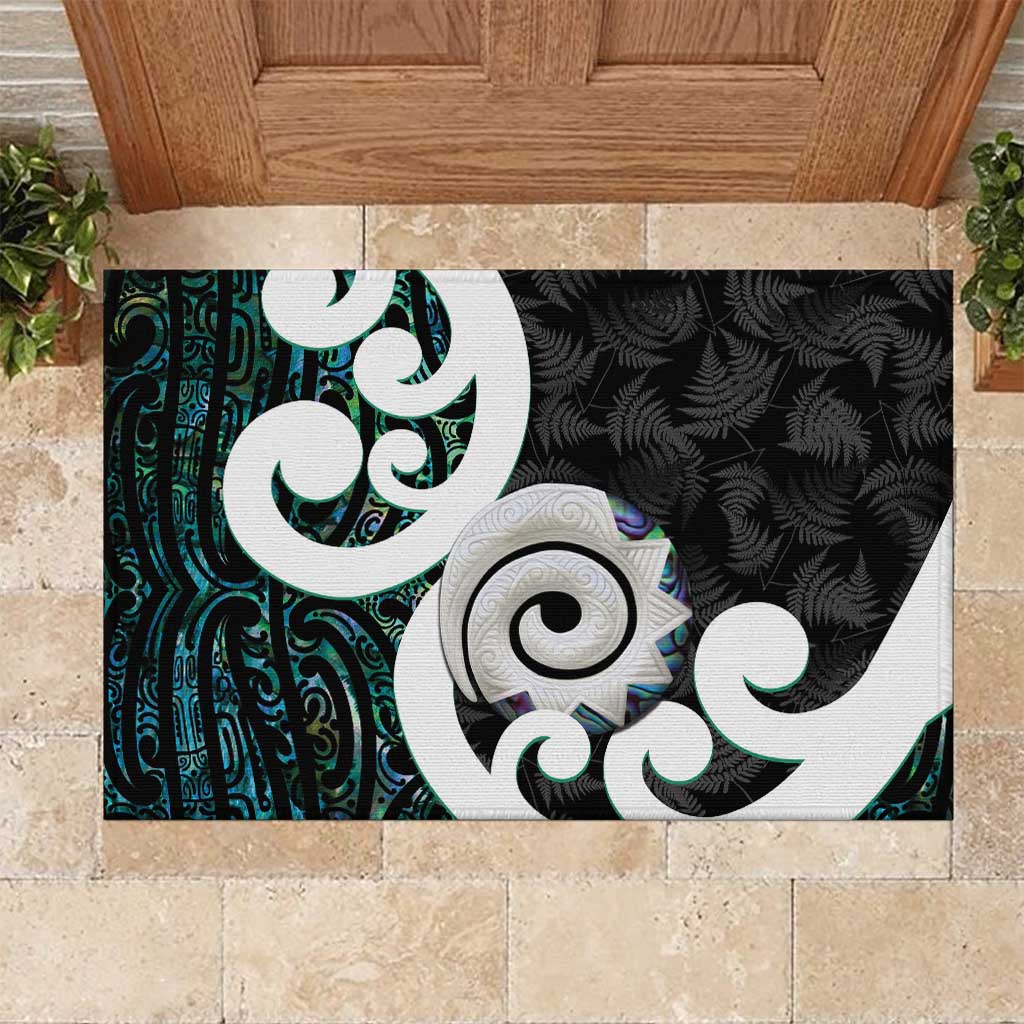Aotearoa Koru Rubber Doormat Cyan Maori Paua Shell Mix Silver Fern LT14 Black - Polynesian Pride