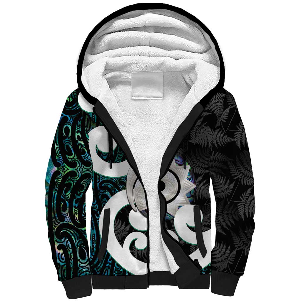 Aotearoa Koru Sherpa Hoodie Cyan Maori Paua Shell Mix Silver Fern