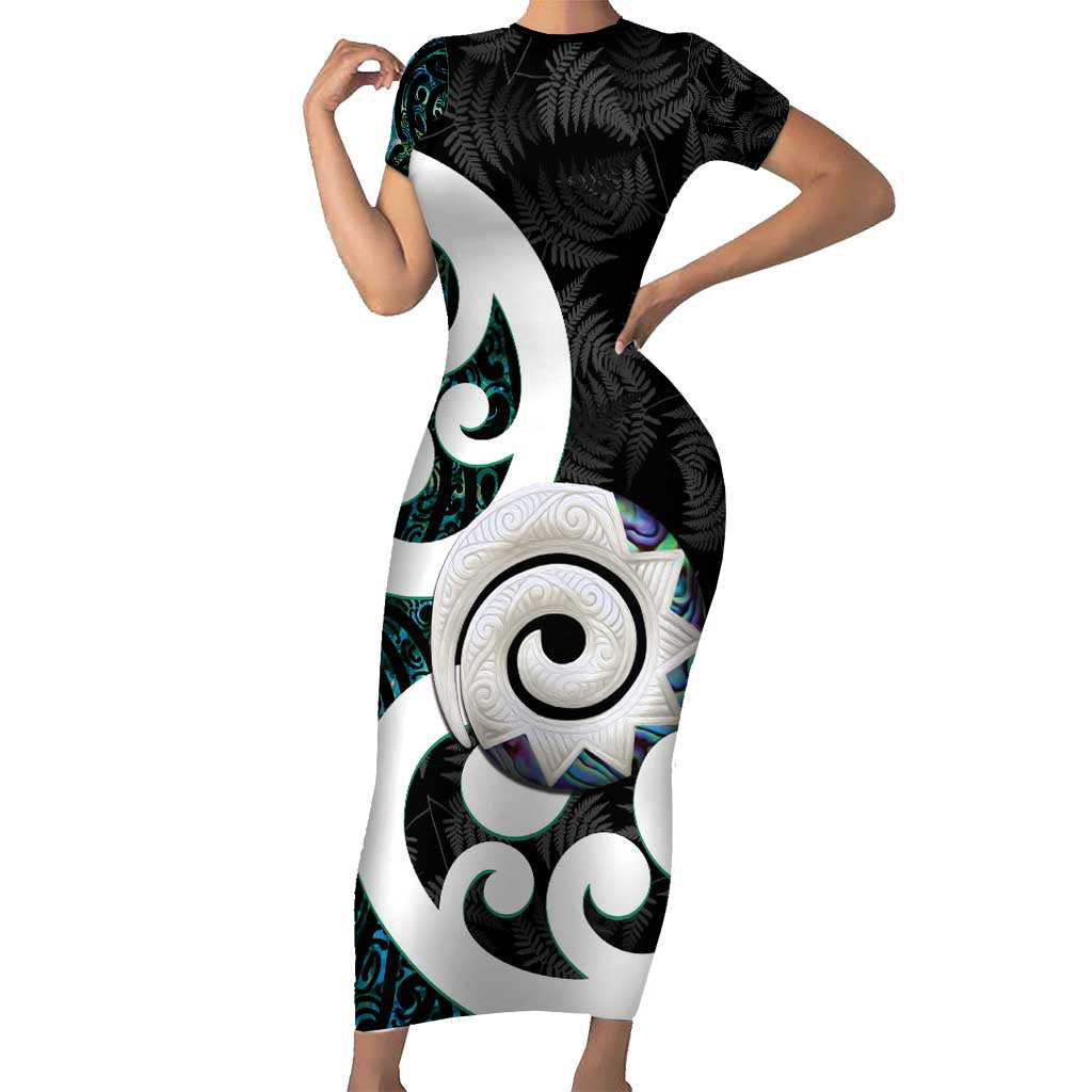 Aotearoa Koru Short Sleeve Bodycon Dress Cyan Maori Paua Shell Mix Silver Fern