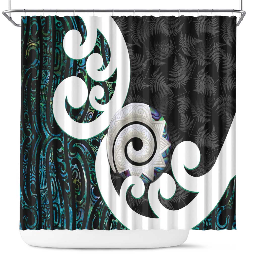 Aotearoa Koru Shower Curtain Cyan Maori Paua Shell Mix Silver Fern LT14 Black - Polynesian Pride