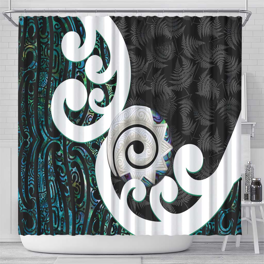 Aotearoa Koru Shower Curtain Cyan Maori Paua Shell Mix Silver Fern LT14 - Polynesian Pride