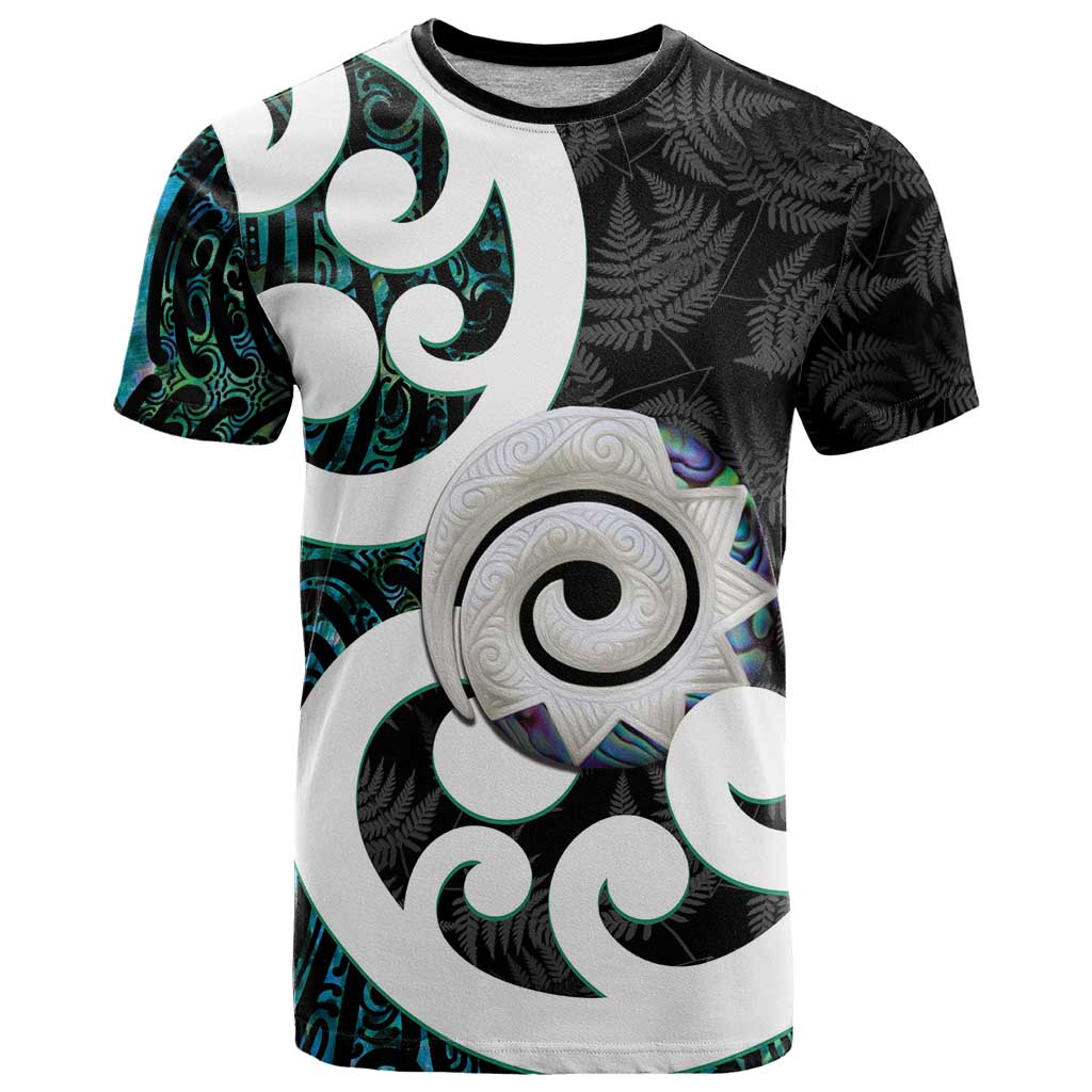 Aotearoa Koru T Shirt Cyan Maori Paua Shell Mix Silver Fern