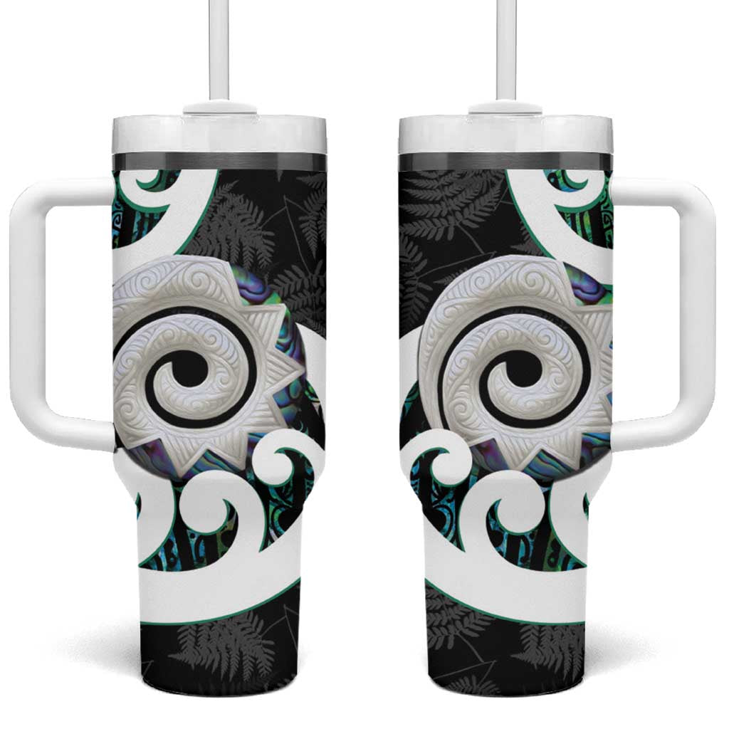 Aotearoa Koru Tumbler With Handle Cyan Maori Paua Shell Mix Silver Fern