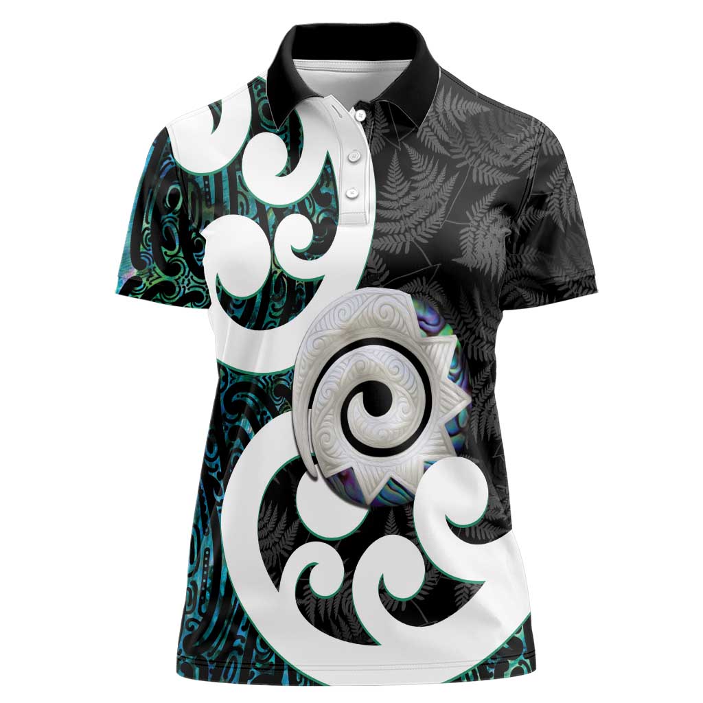 Aotearoa Koru Women Polo Shirt Cyan Maori Paua Shell Mix Silver Fern