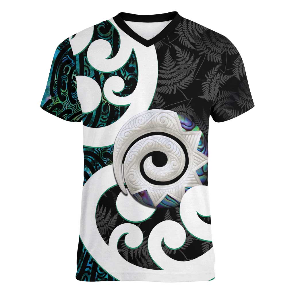 Aotearoa Koru Women V-Neck T-Shirt Cyan Maori Paua Shell Mix Silver Fern