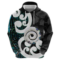 Aotearoa Koru Zip Hoodie Cyan Maori Paua Shell Mix Silver Fern
