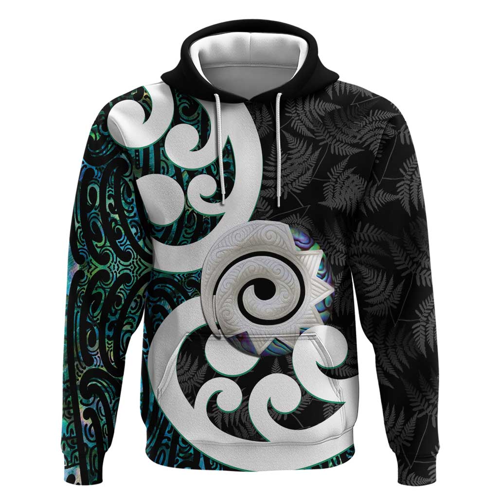 Aotearoa Koru Zip Hoodie Cyan Maori Paua Shell Mix Silver Fern