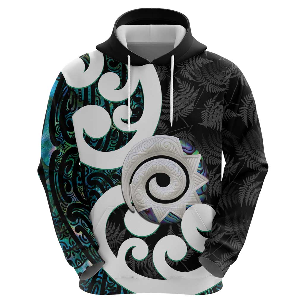 Aotearoa Koru Zip Hoodie Cyan Maori Paua Shell Mix Silver Fern