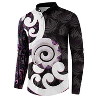Aotearoa Koru Button Sweatshirt Purple Maori Paua Shell Mix Silver Fern