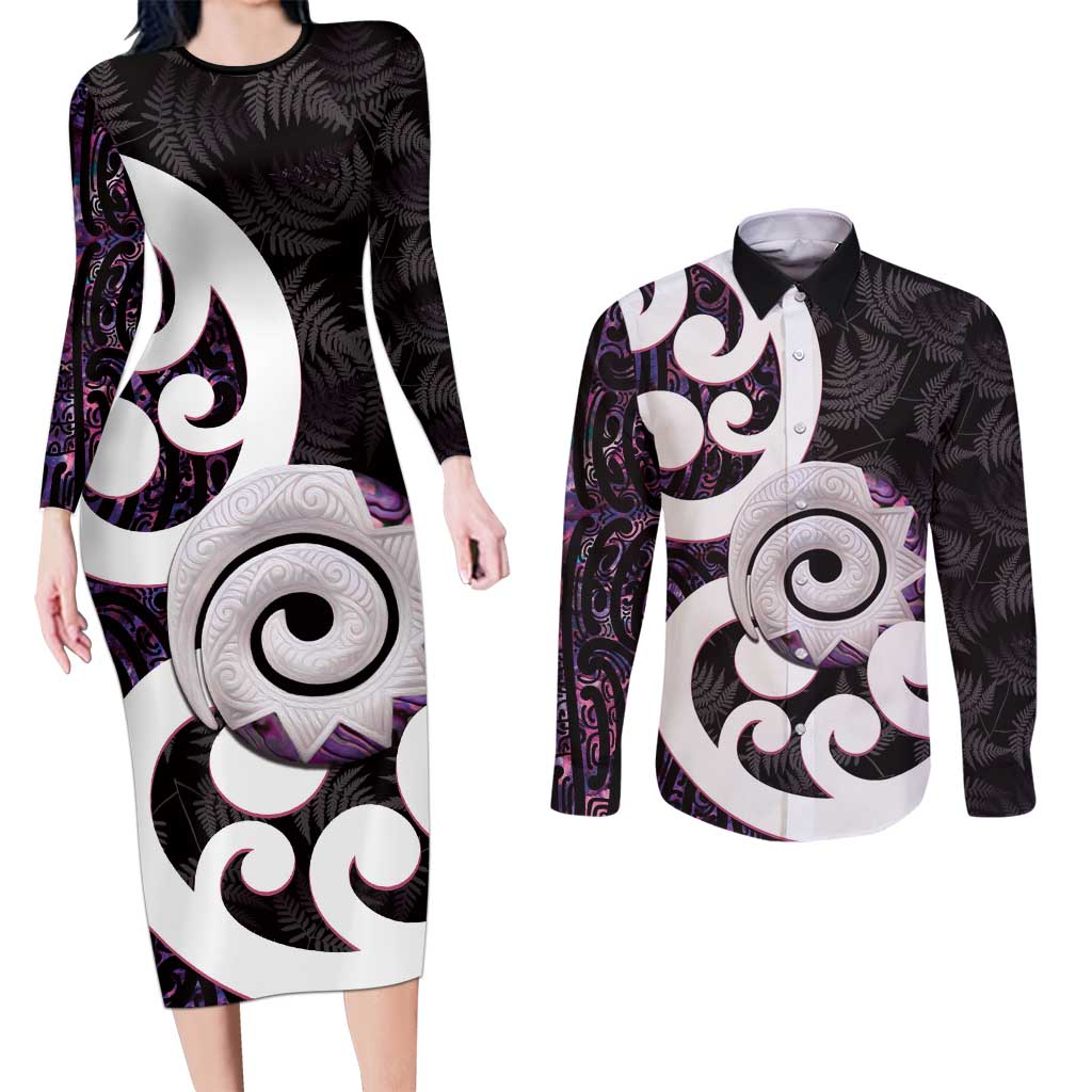 Aotearoa Koru Couples Matching Long Sleeve Bodycon Dress and Long Sleeve Button Shirt Purple Maori Paua Shell Mix Silver Fern