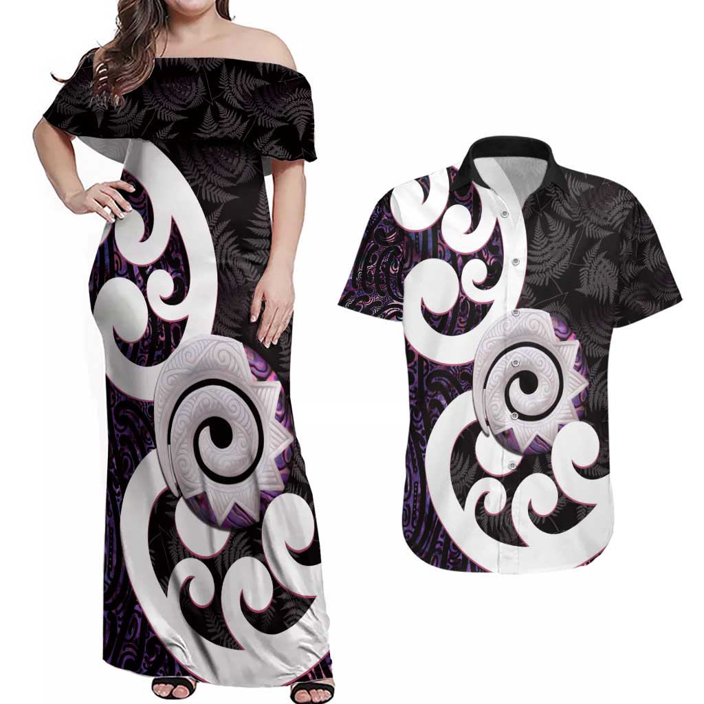 Aotearoa Koru Couples Matching Off Shoulder Maxi Dress and Hawaiian Shirt Purple Maori Paua Shell Mix Silver Fern