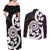 Aotearoa Koru Couples Matching Off Shoulder Maxi Dress and Long Sleeve Button Shirt Purple Maori Paua Shell Mix Silver Fern