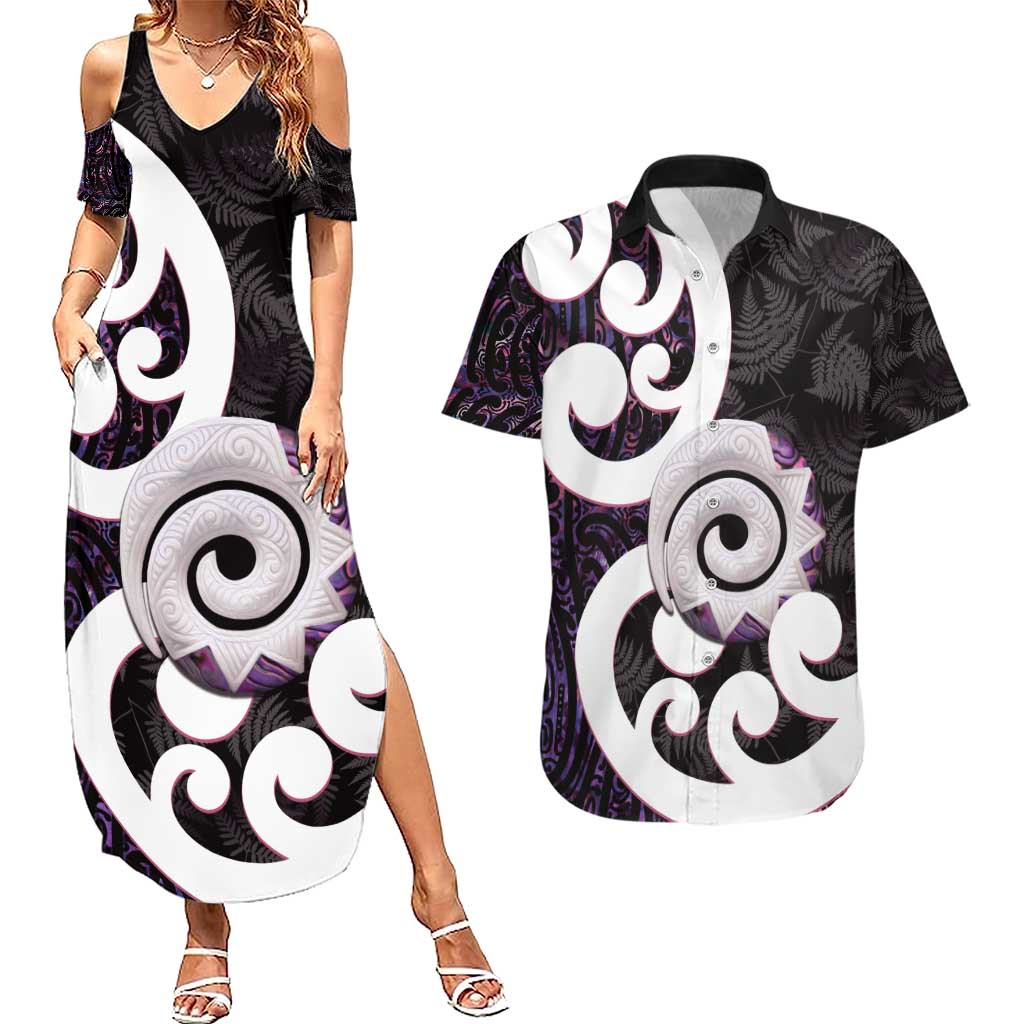 Aotearoa Koru Couples Matching Summer Maxi Dress and Hawaiian Shirt Purple Maori Paua Shell Mix Silver Fern