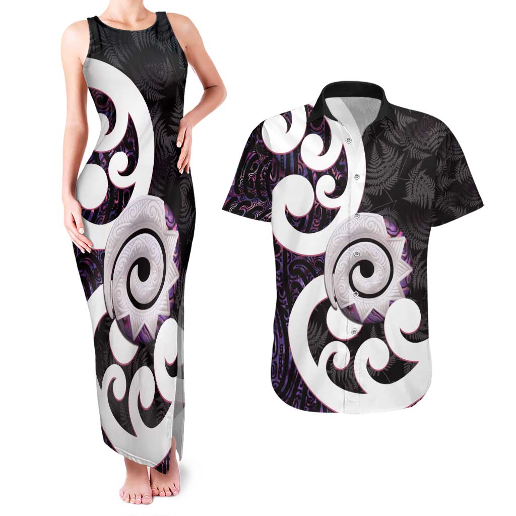 Aotearoa Koru Couples Matching Tank Maxi Dress and Hawaiian Shirt Purple Maori Paua Shell Mix Silver Fern