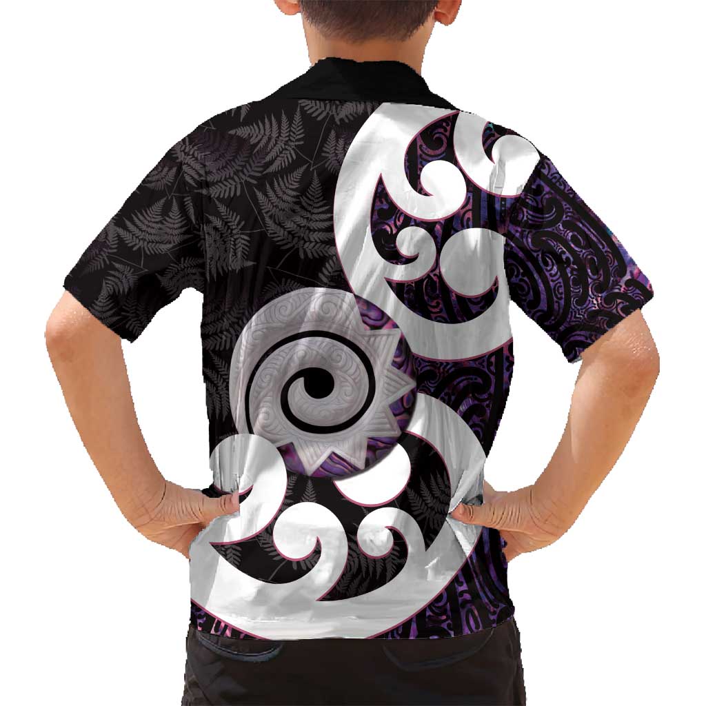 Aotearoa Koru Family Matching Long Sleeve Bodycon Dress and Hawaiian Shirt Purple Maori Paua Shell Mix Silver Fern LT14 - Polynesian Pride