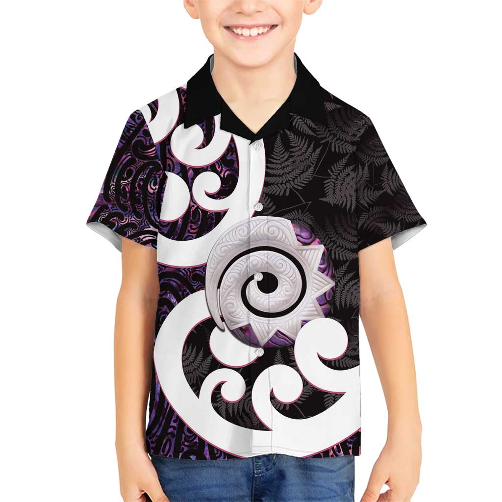 Aotearoa Koru Family Matching Long Sleeve Bodycon Dress and Hawaiian Shirt Purple Maori Paua Shell Mix Silver Fern LT14 Son's Shirt Black - Polynesian Pride