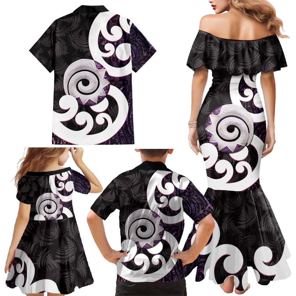 Aotearoa Koru Family Matching Mermaid Dress and Hawaiian Shirt Purple Maori Paua Shell Mix Silver Fern LT14 - Polynesian Pride