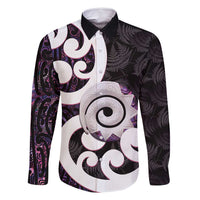 Aotearoa Koru Family Matching Mermaid Dress and Hawaiian Shirt Purple Maori Paua Shell Mix Silver Fern LT14 Dad's Shirt - Long Sleeve Black - Polynesian Pride