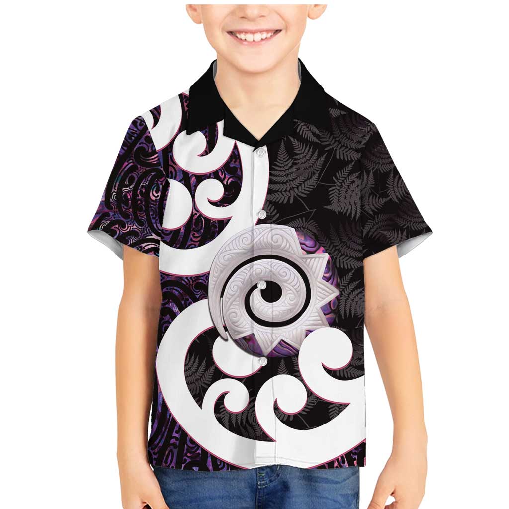 Aotearoa Koru Family Matching Mermaid Dress and Hawaiian Shirt Purple Maori Paua Shell Mix Silver Fern LT14 Son's Shirt Black - Polynesian Pride