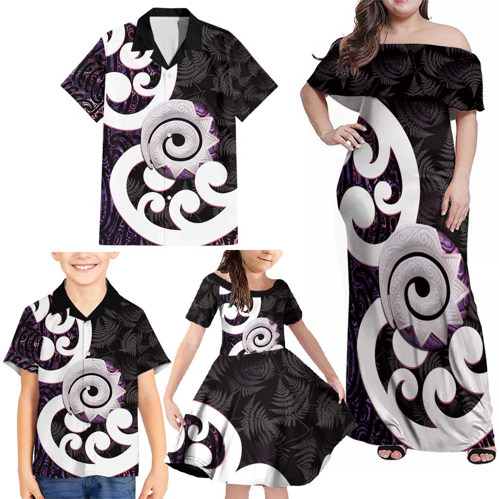 Aotearoa Koru Family Matching Off Shoulder Maxi Dress and Hawaiian Shirt Purple Maori Paua Shell Mix Silver Fern