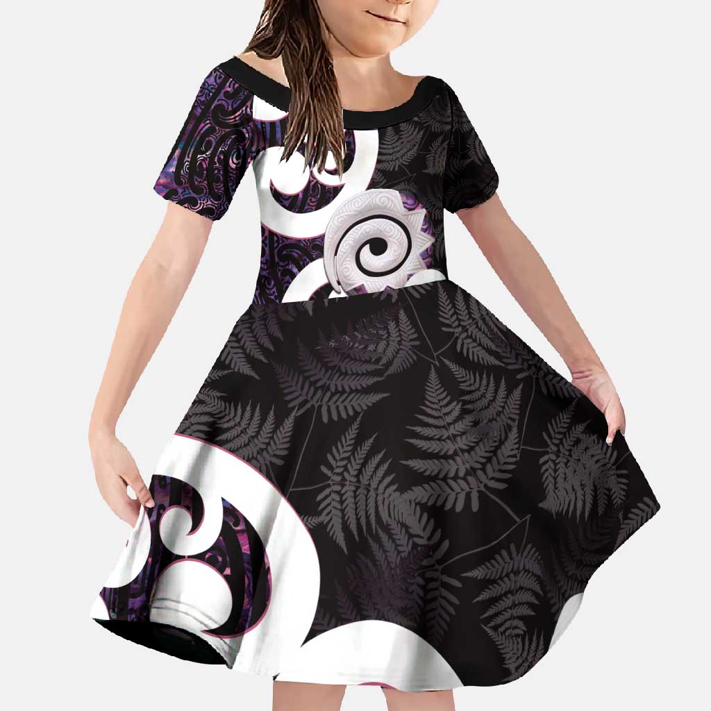Aotearoa Koru Family Matching Short Sleeve Bodycon Dress and Hawaiian Shirt Purple Maori Paua Shell Mix Silver Fern LT14 Daughter's Dress Black - Polynesian Pride