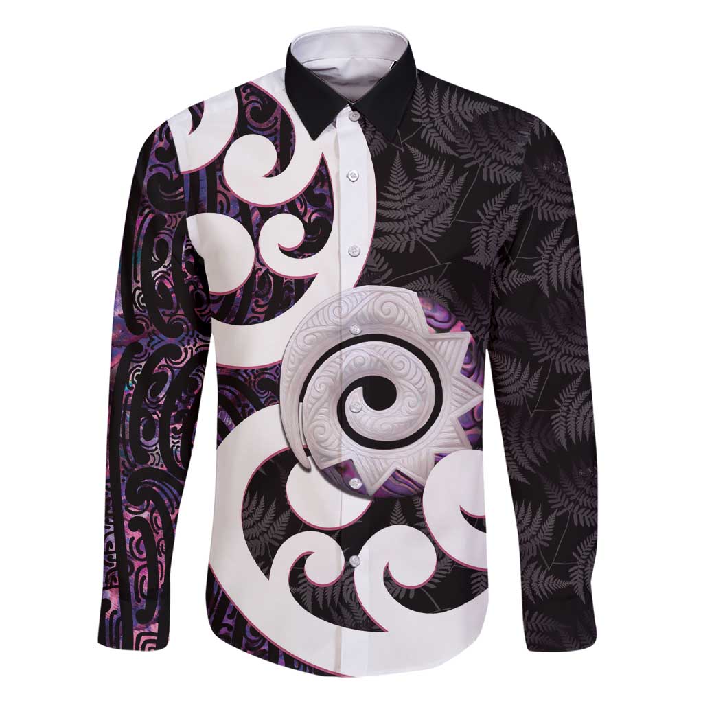 Aotearoa Koru Family Matching Short Sleeve Bodycon Dress and Hawaiian Shirt Purple Maori Paua Shell Mix Silver Fern LT14 Dad's Shirt - Long Sleeve Black - Polynesian Pride