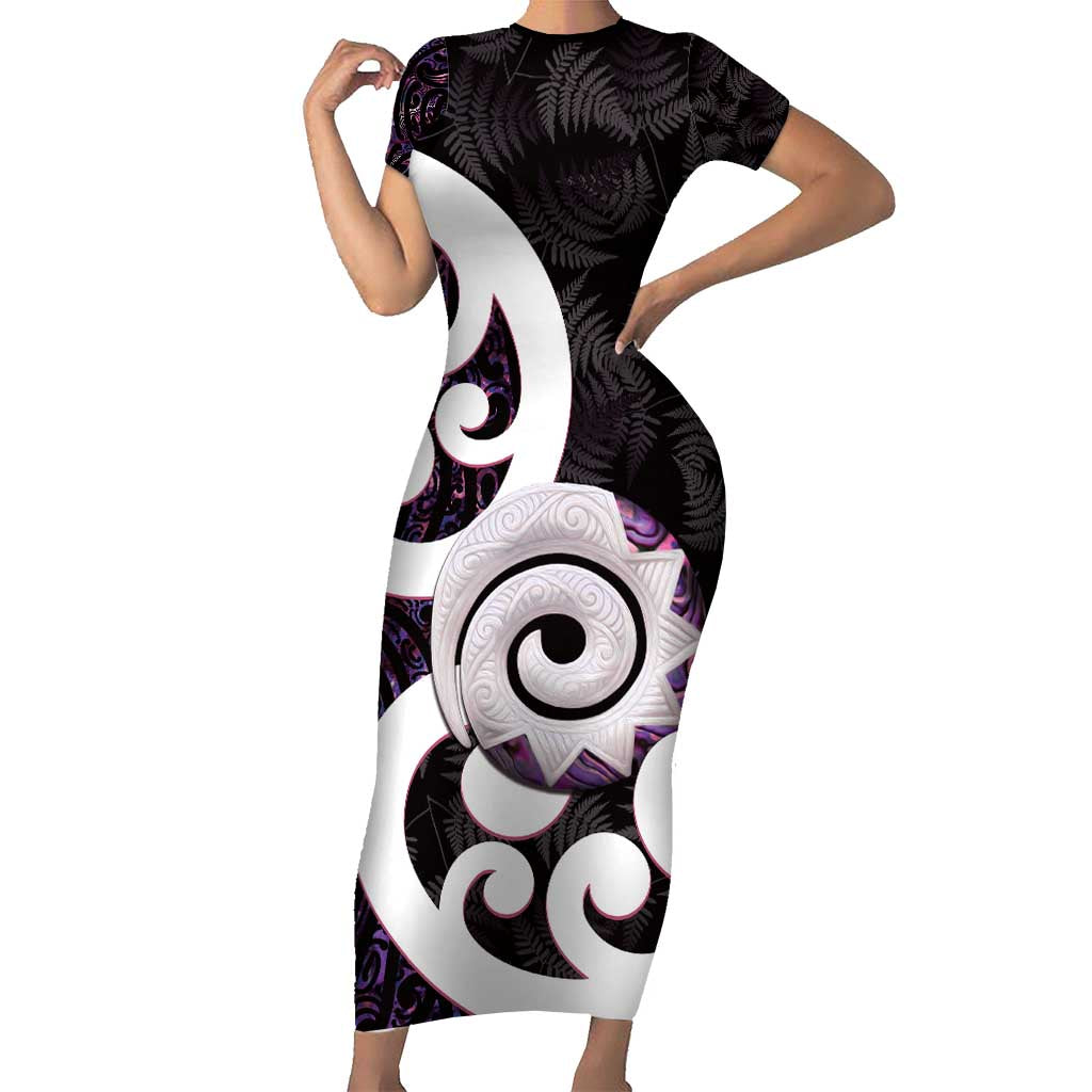 Aotearoa Koru Family Matching Short Sleeve Bodycon Dress and Hawaiian Shirt Purple Maori Paua Shell Mix Silver Fern LT14 Mom's Dress Black - Polynesian Pride