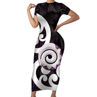 Aotearoa Koru Family Matching Short Sleeve Bodycon Dress and Hawaiian Shirt Purple Maori Paua Shell Mix Silver Fern LT14 Mom's Dress Black - Polynesian Pride