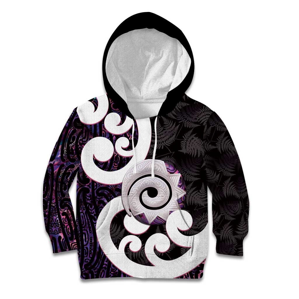 Aotearoa Koru Kid Hoodie Purple Maori Paua Shell Mix Silver Fern