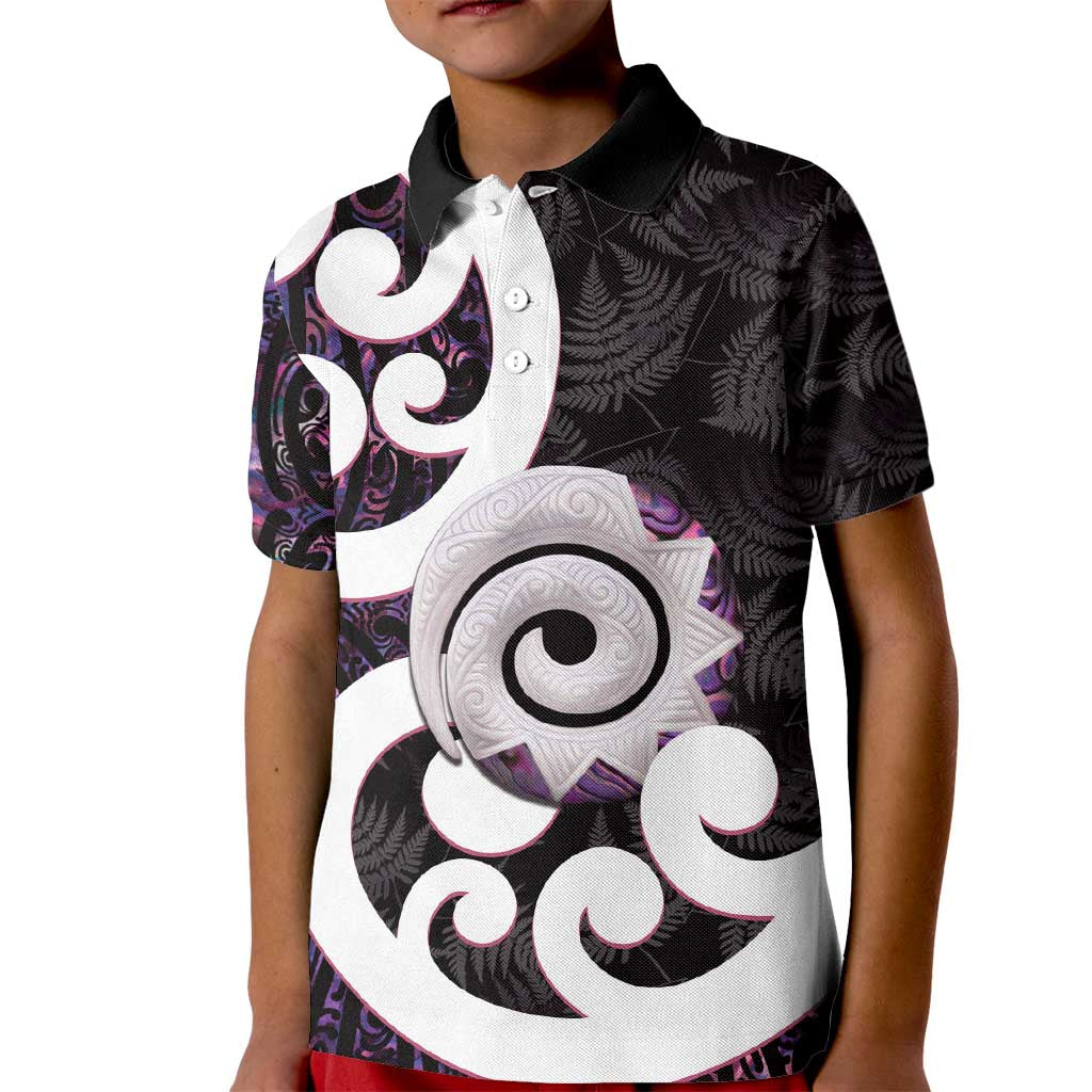 Aotearoa Koru Kid Polo Shirt Purple Maori Paua Shell Mix Silver Fern LT14 Kid Black - Polynesian Pride