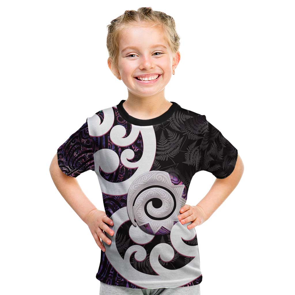 Aotearoa Koru Kid T Shirt Purple Maori Paua Shell Mix Silver Fern