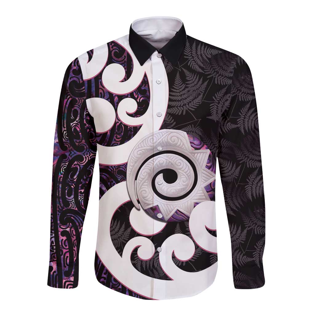 Aotearoa Koru Long Sleeve Button Shirt Purple Maori Paua Shell Mix Silver Fern LT14 Unisex Black - Polynesian Pride
