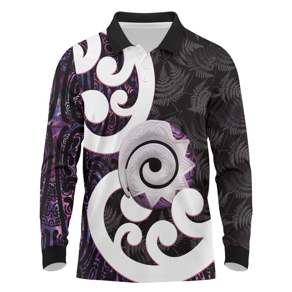 Aotearoa Koru Long Sleeve Polo Shirt Purple Maori Paua Shell Mix Silver Fern