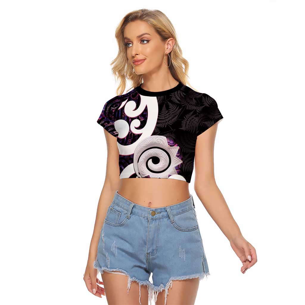 Aotearoa Koru Raglan Cropped T Shirt Purple Maori Paua Shell Mix Silver Fern