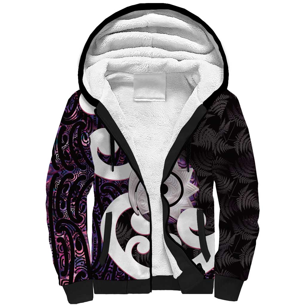 Aotearoa Koru Sherpa Hoodie Purple Maori Paua Shell Mix Silver Fern