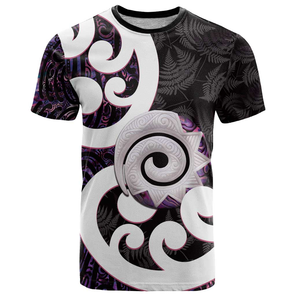 Aotearoa Koru T Shirt Purple Maori Paua Shell Mix Silver Fern