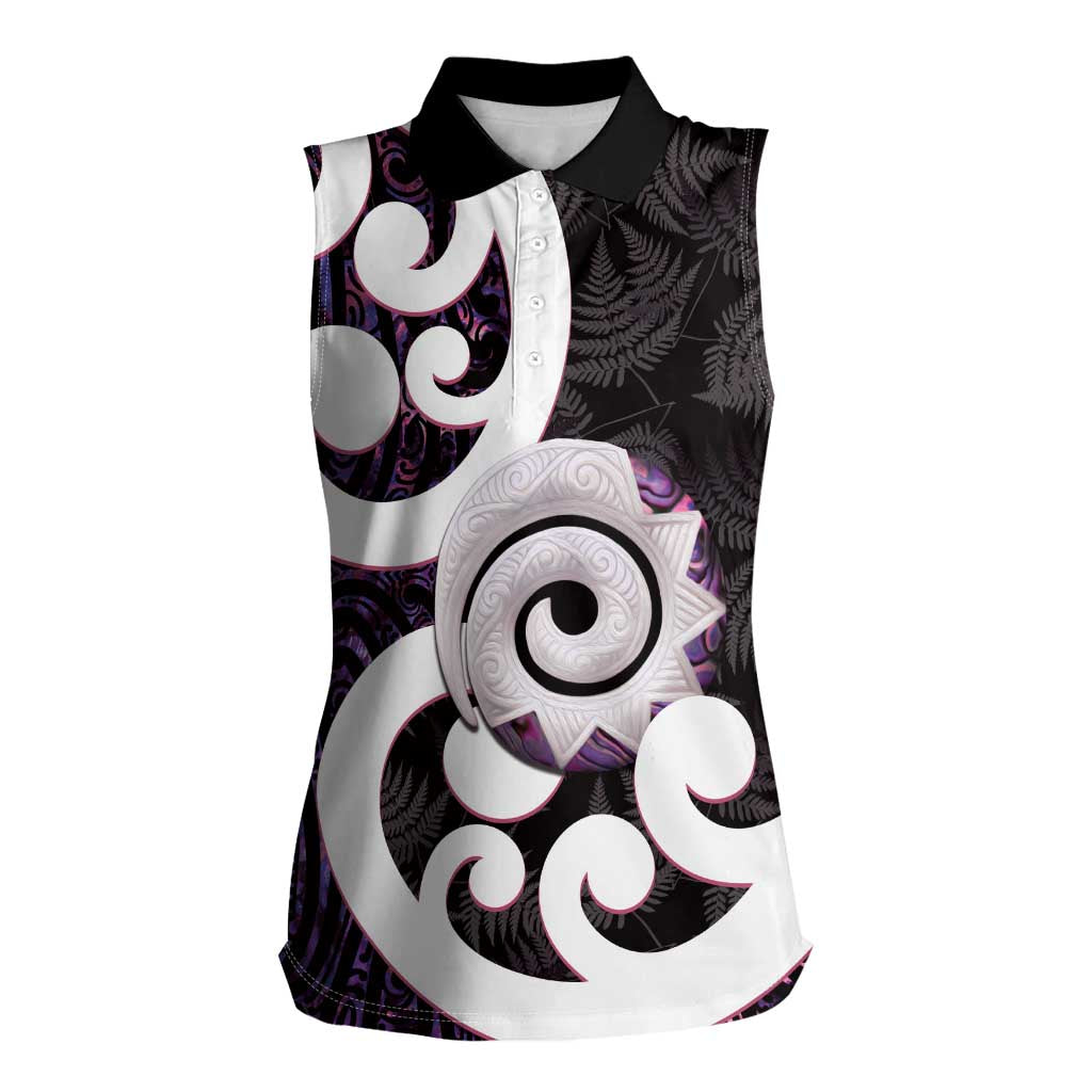 Aotearoa Koru Women Sleeveless Polo Shirt Purple Maori Paua Shell Mix Silver Fern