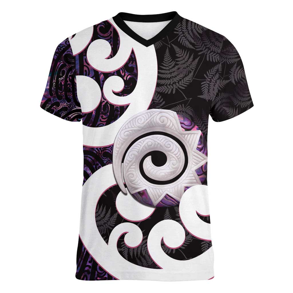 Aotearoa Koru Women V-Neck T-Shirt Purple Maori Paua Shell Mix Silver Fern