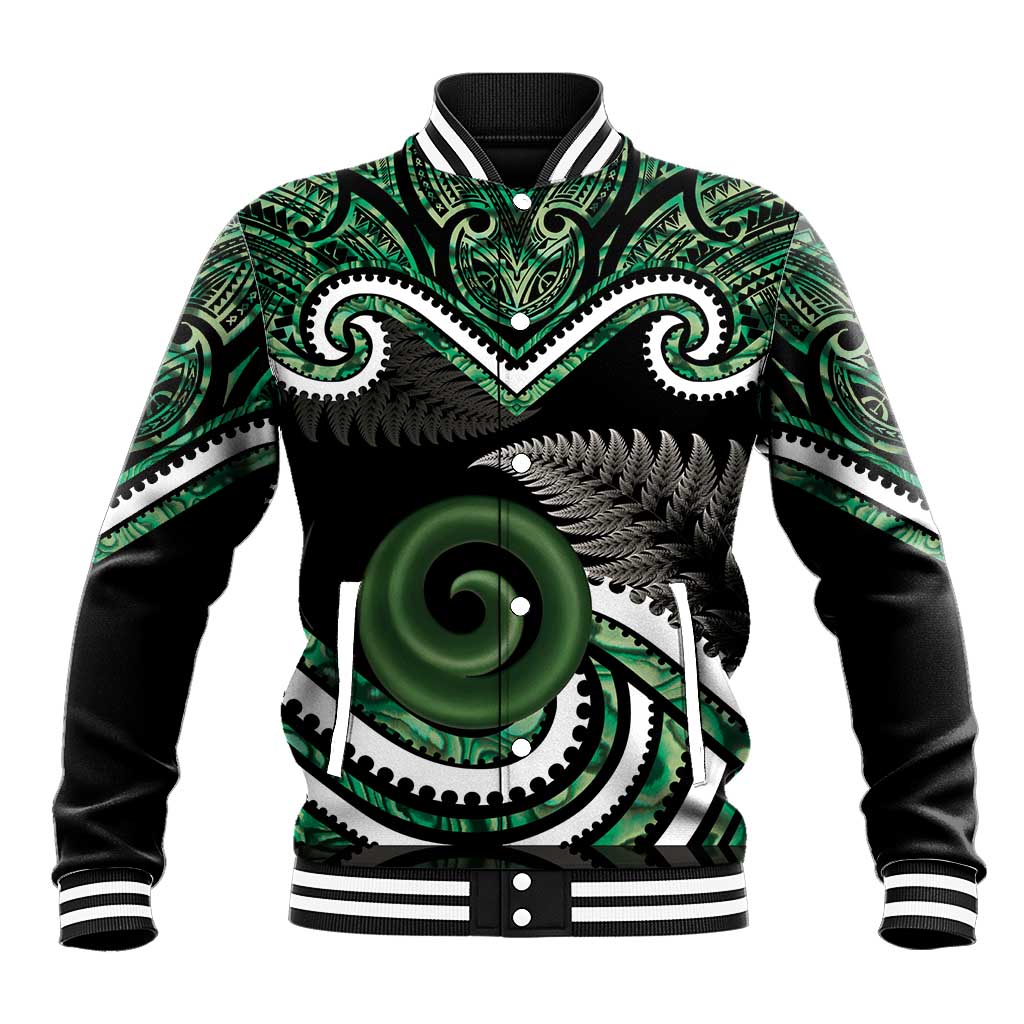 Koru Pounamu Aotearoa Baseball Jacket Maori Paua Shell Mix Silver Fern LT14 Unisex Black - Polynesian Pride