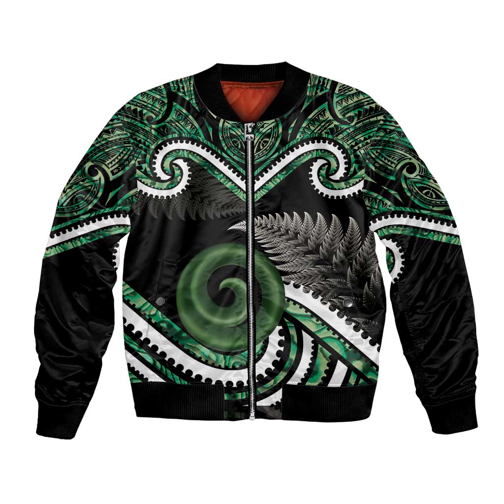 Koru Pounamu Aotearoa Bomber Jacket Maori Paua Shell Mix Silver Fern