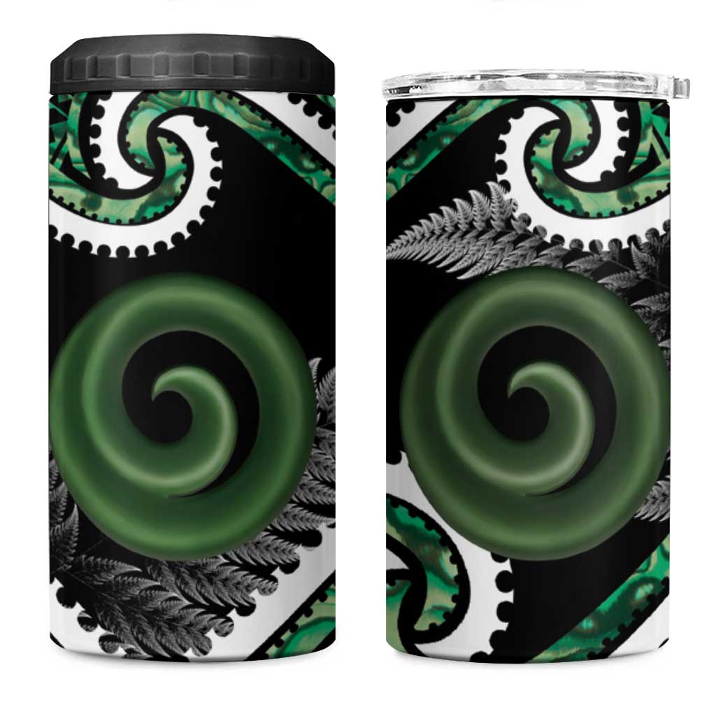 Koru Pounamu Aotearoa 4 in 1 Can Cooler Tumbler Maori Paua Shell Mix Silver Fern LT14 One Size: 16 oz Black - Polynesian Pride