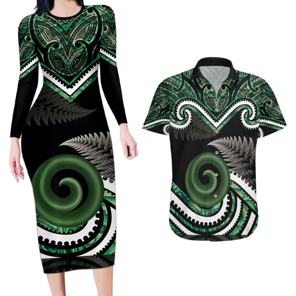 Koru Pounamu Aotearoa Couples Matching Long Sleeve Bodycon Dress and Hawaiian Shirt Maori Paua Shell Mix Silver Fern