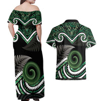 Koru Pounamu Aotearoa Couples Matching Off Shoulder Maxi Dress and Hawaiian Shirt Maori Paua Shell Mix Silver Fern LT14 - Polynesian Pride