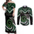 Koru Pounamu Aotearoa Couples Matching Off Shoulder Maxi Dress and Long Sleeve Button Shirt Maori Paua Shell Mix Silver Fern