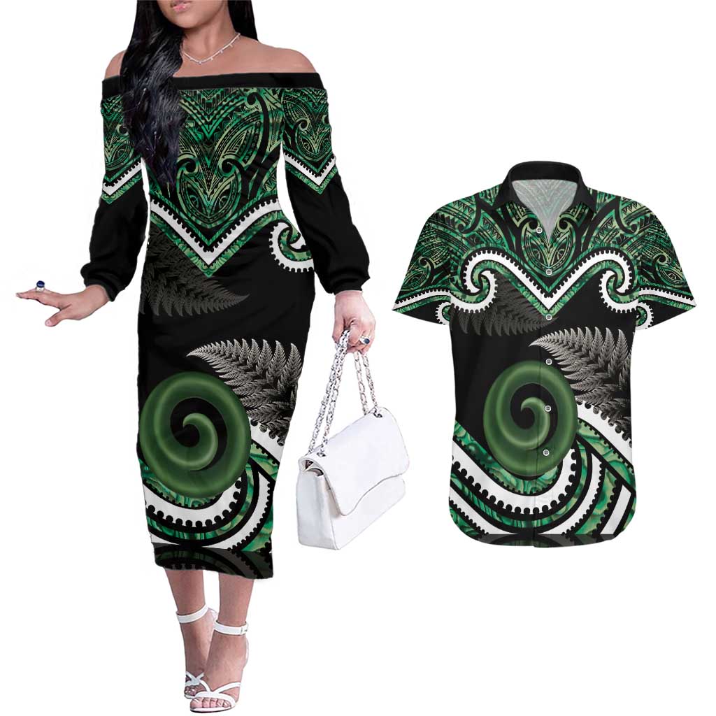 Koru Pounamu Aotearoa Couples Matching Off The Shoulder Long Sleeve Dress and Hawaiian Shirt Maori Paua Shell Mix Silver Fern