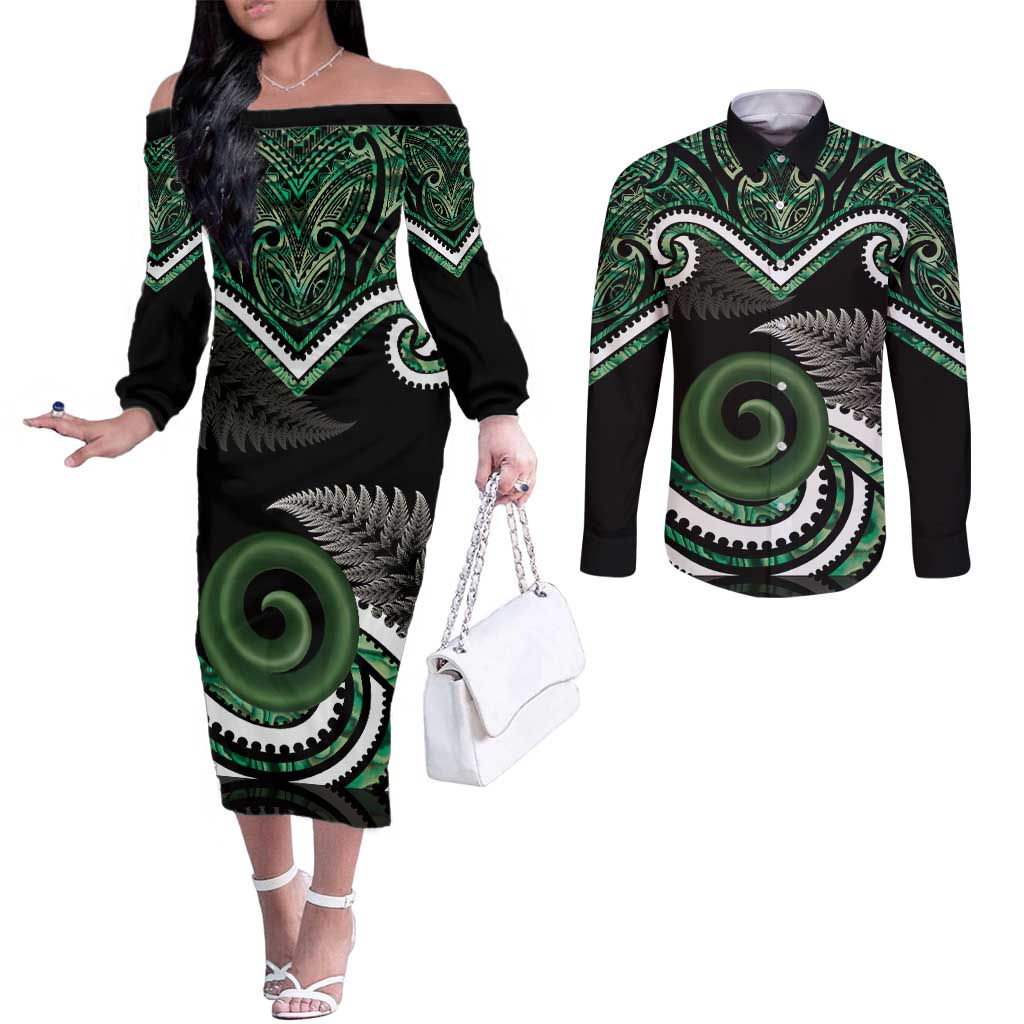 Koru Pounamu Aotearoa Couples Matching Off The Shoulder Long Sleeve Dress and Long Sleeve Button Shirt Maori Paua Shell Mix Silver Fern