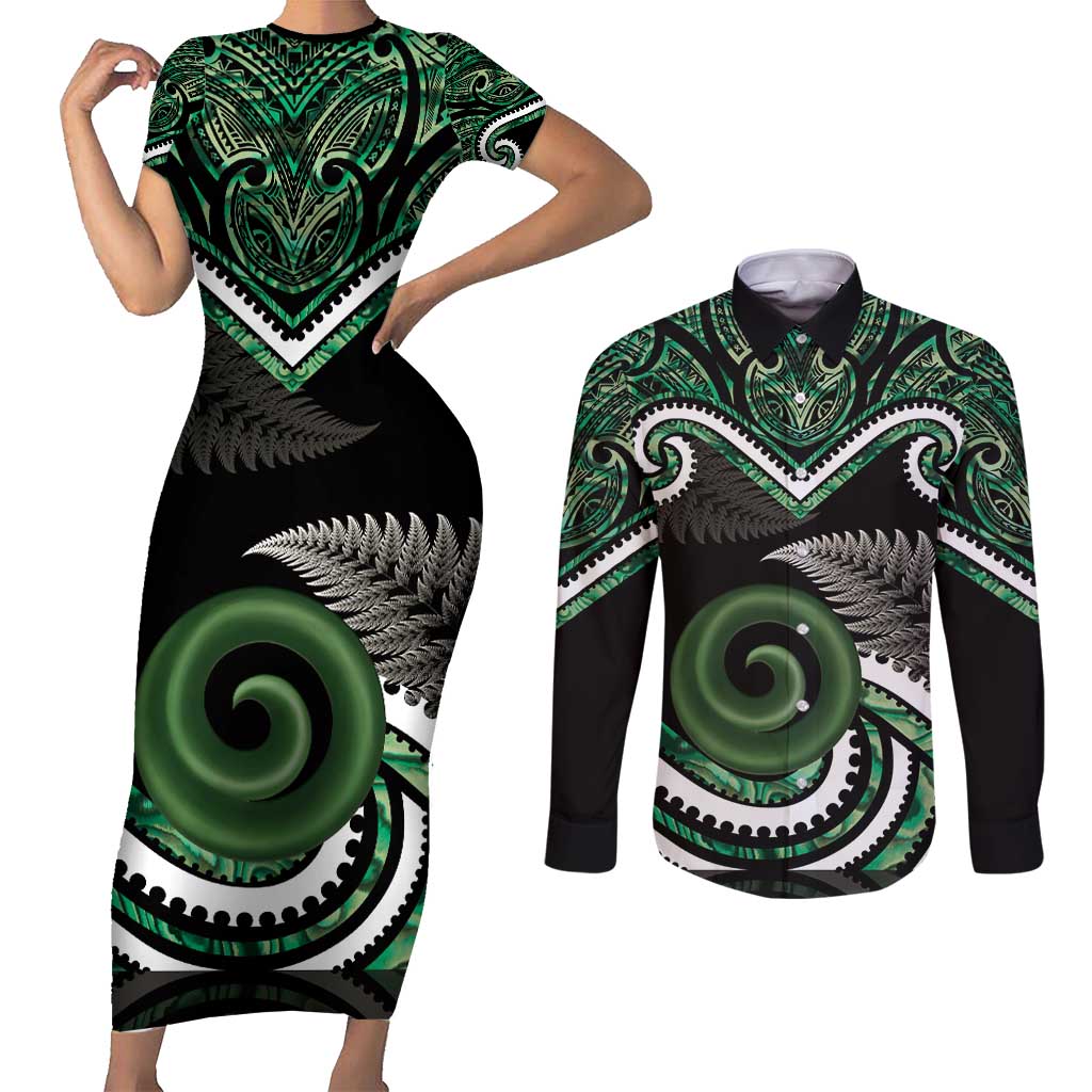 Koru Pounamu Aotearoa Couples Matching Short Sleeve Bodycon Dress and Long Sleeve Button Shirt Maori Paua Shell Mix Silver Fern